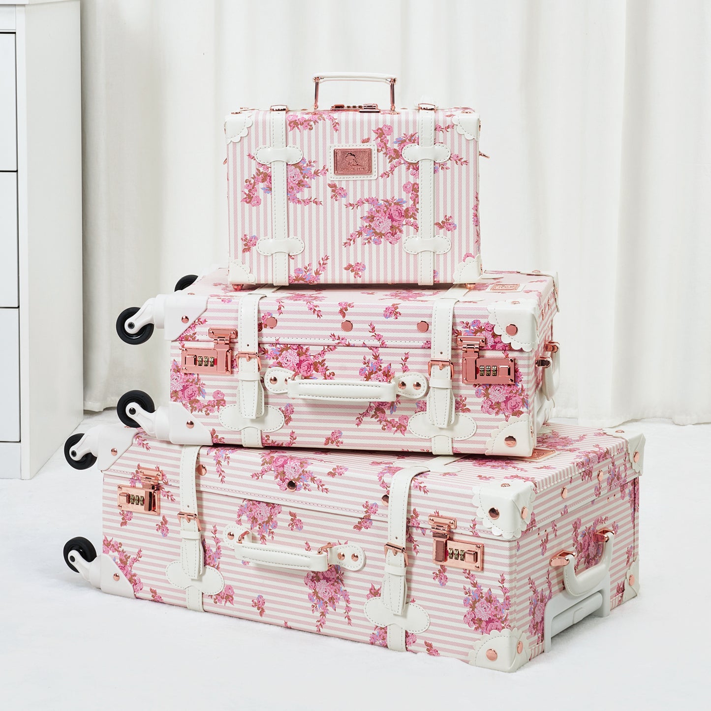 UNIWALKER Vintage Luggage Set, Combination Lock, Pink Floral