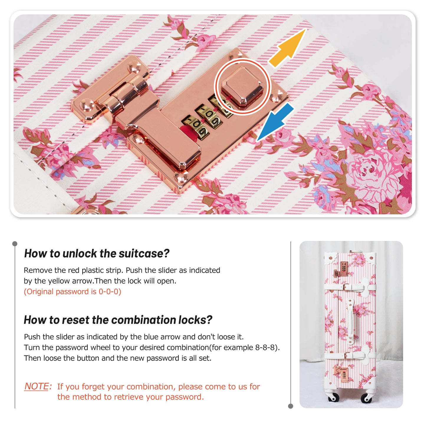 UNIWALKER Vintage Luggage Set, Combination Lock, Pink Floral