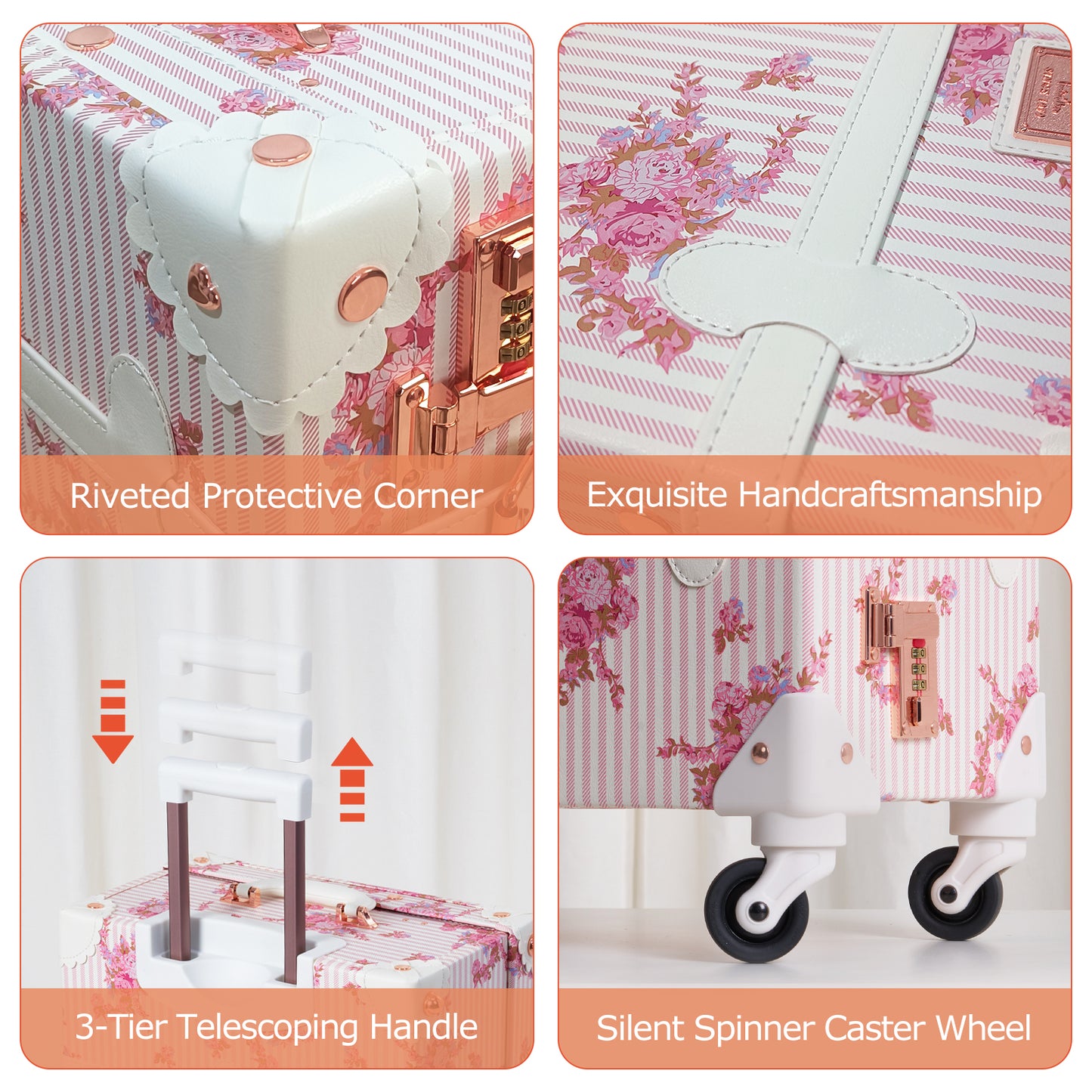 UNIWALKER Vintage Luggage Set, Combination Lock, Pink Floral