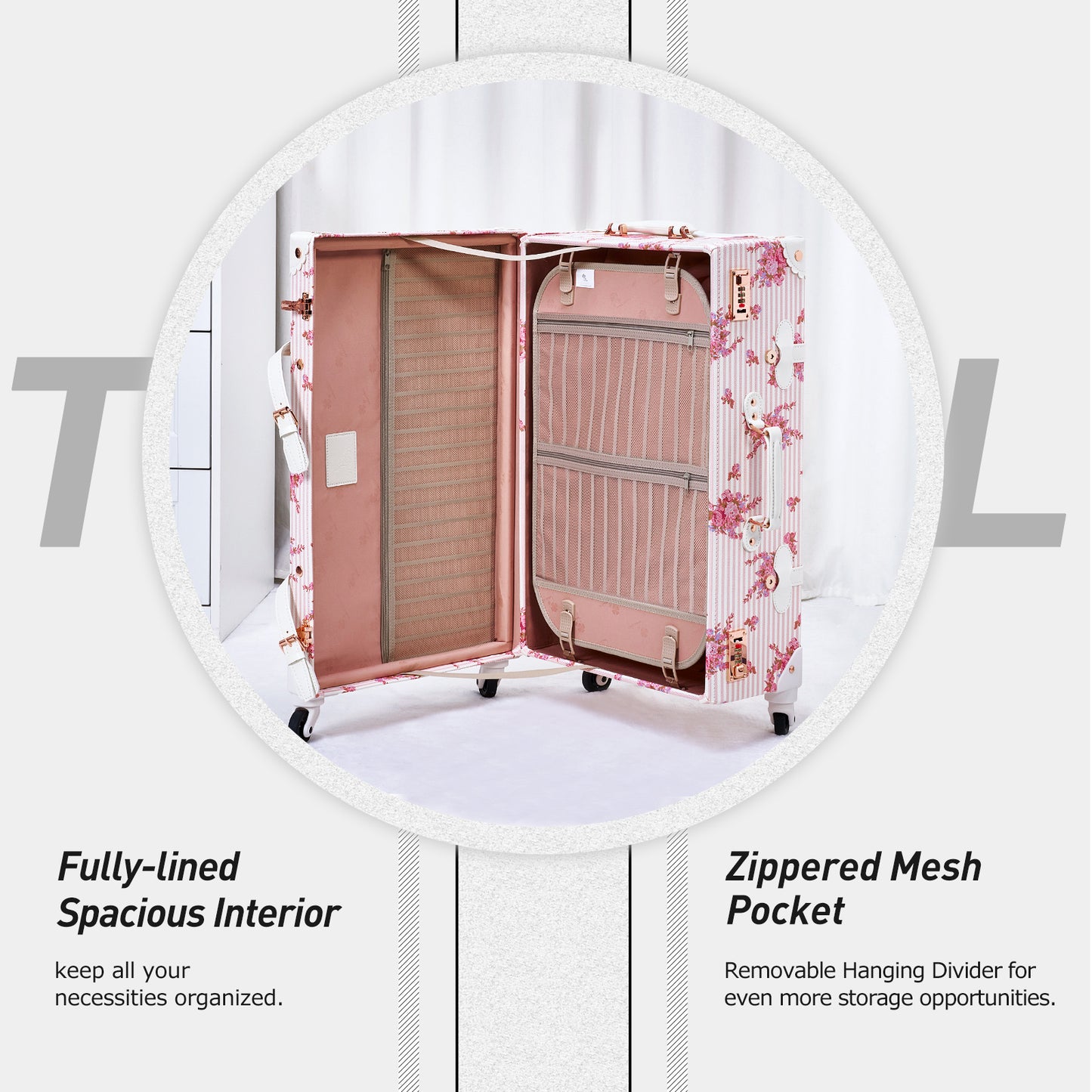 UNIWALKER Vintage Luggage Set, Combination Lock, Pink Floral