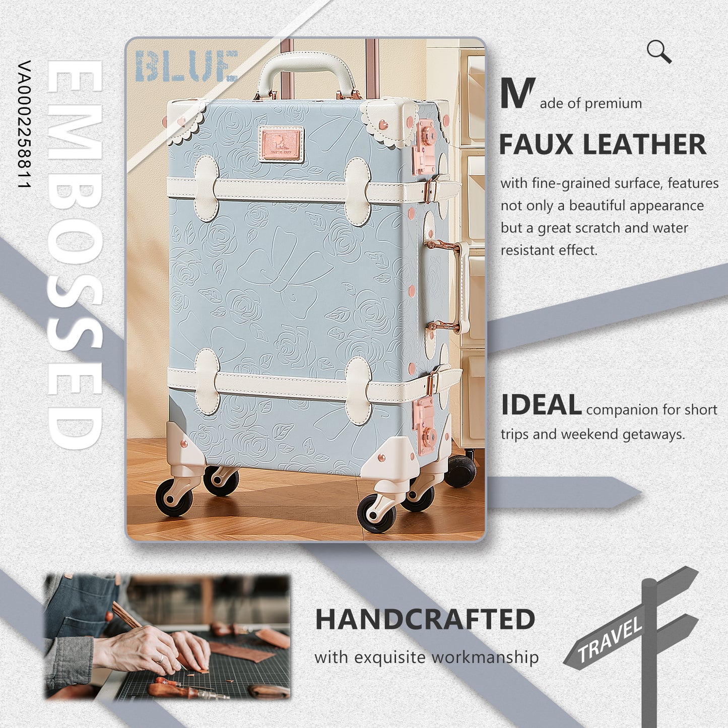 UNIWALKER Vintage Luggage Set, TSA Key Lock, Embossed Blue