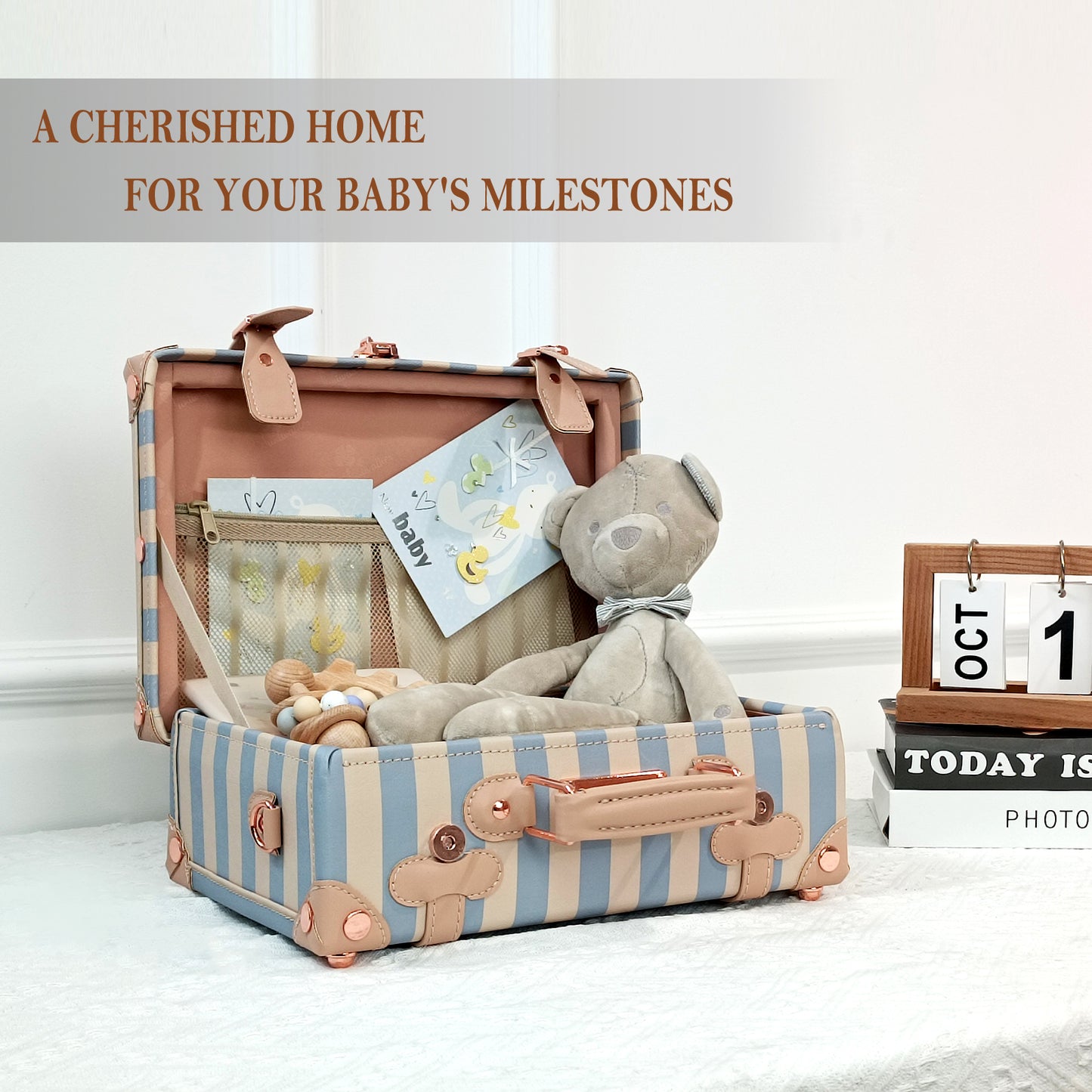 Baby Keepsake Case Handmade Memory Storage Box, Blue Strip, 13''