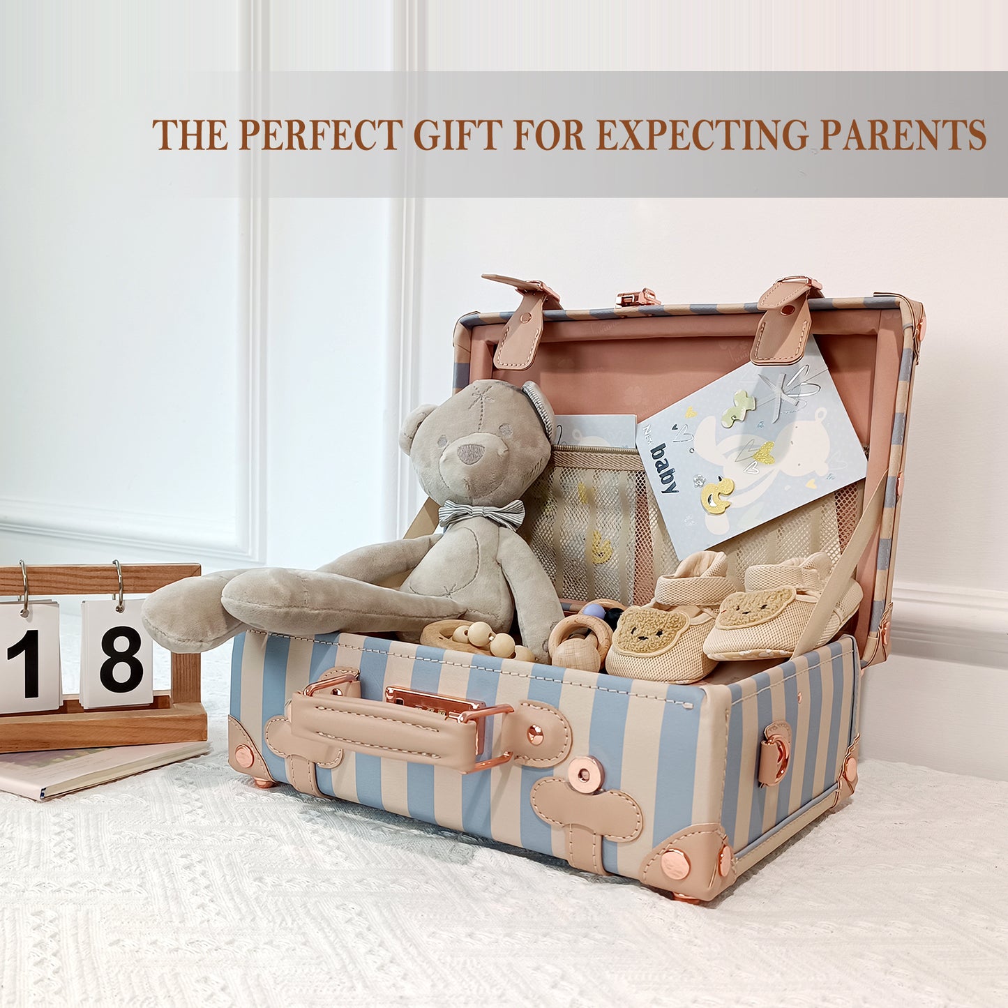 Baby Keepsake Case Handmade Memory Storage Box, Blue Strip, 13''