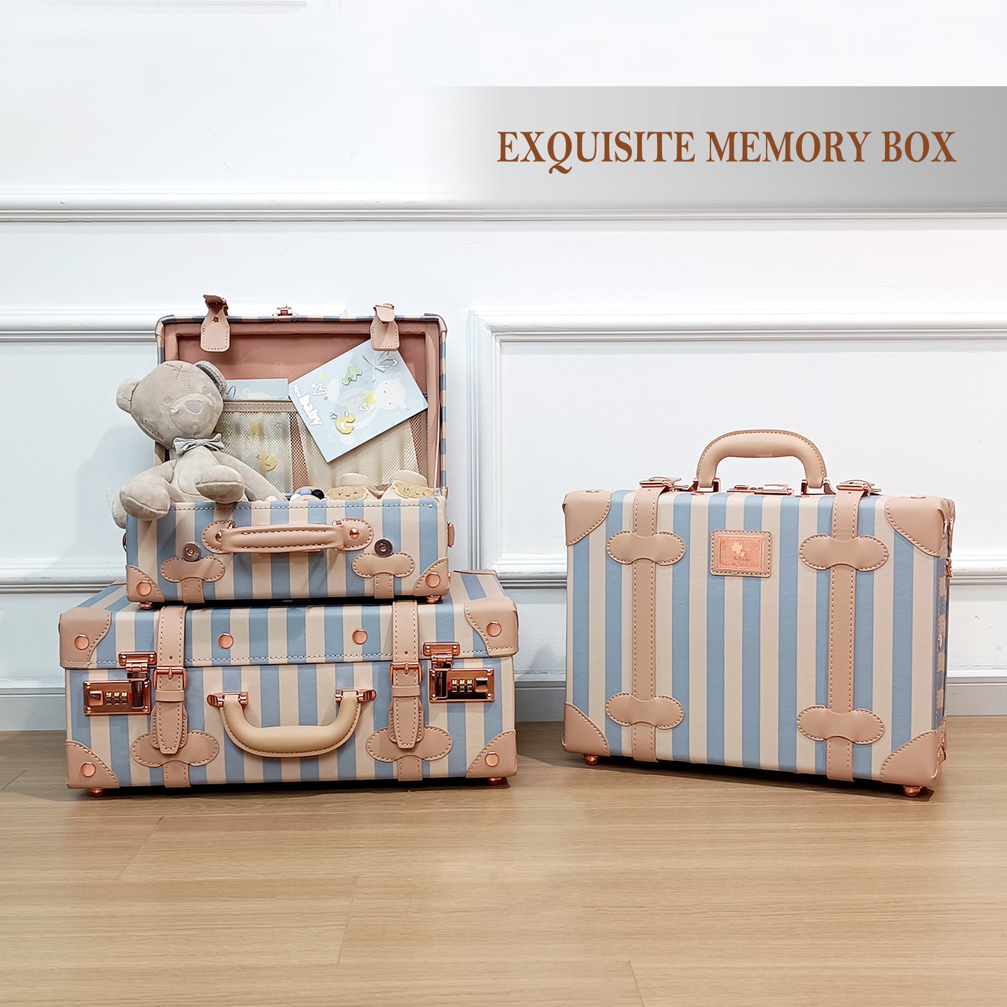 Baby Keepsake Case Handmade Memory Storage Box, Blue Strip, 13''