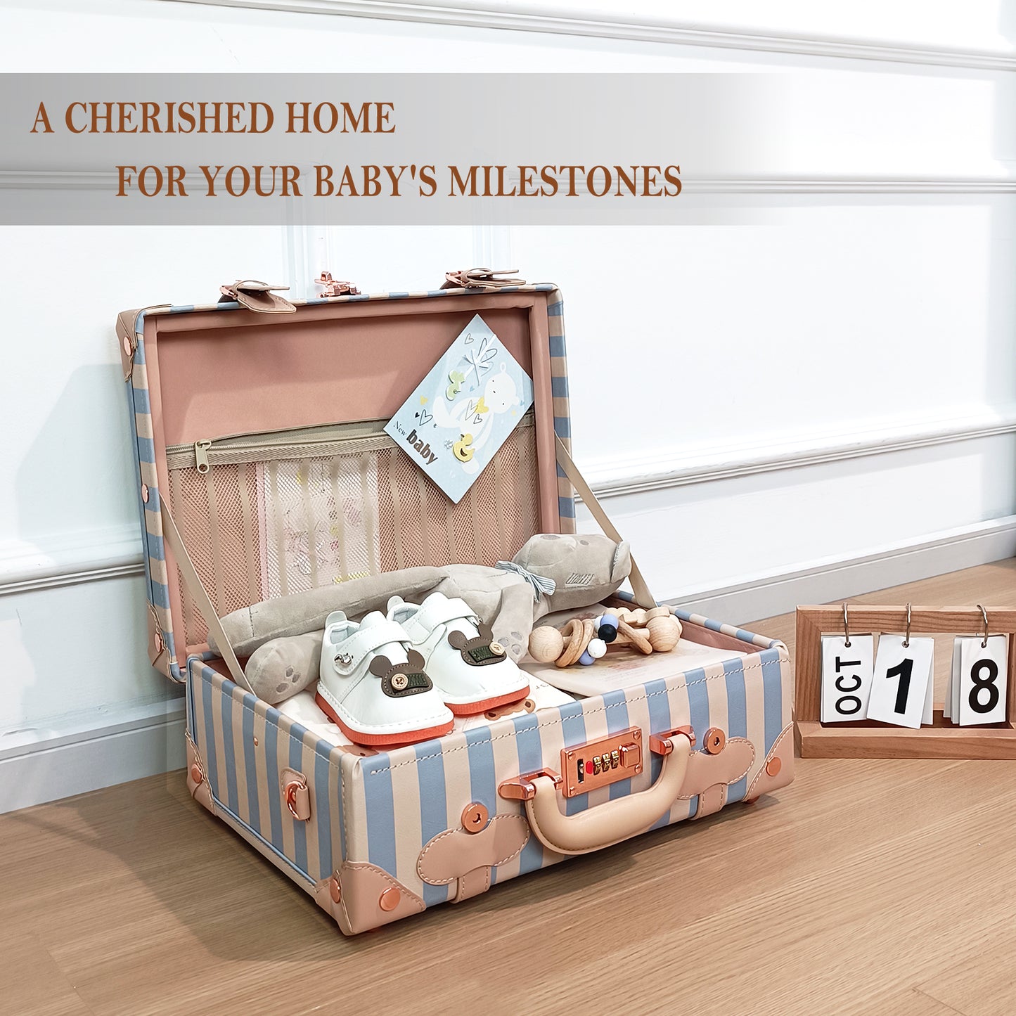 Baby Keepsake Case Handmade Memory Storage Box, Blue Strip, 16''