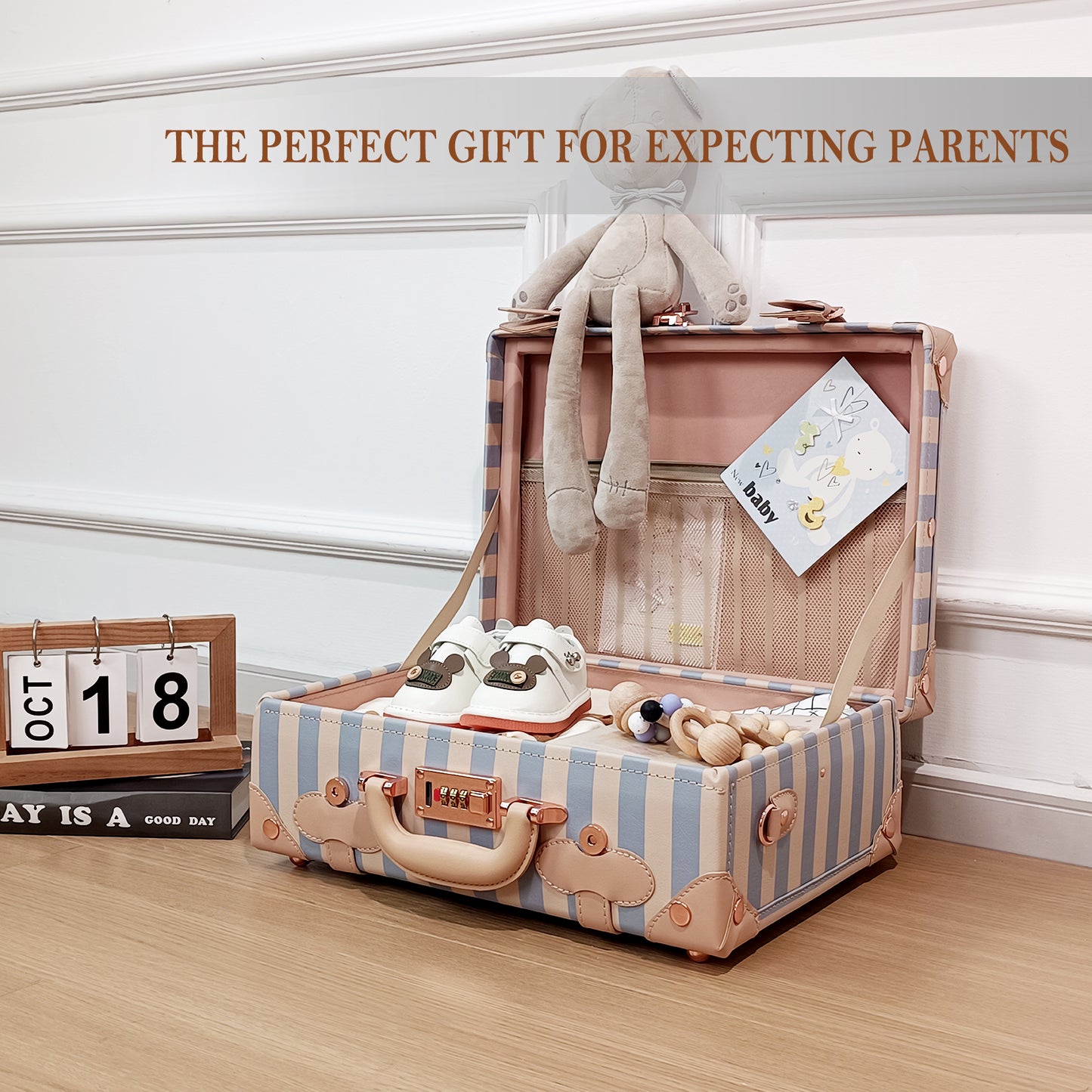 Baby Keepsake Case Handmade Memory Storage Box, Blue Strip, 16''