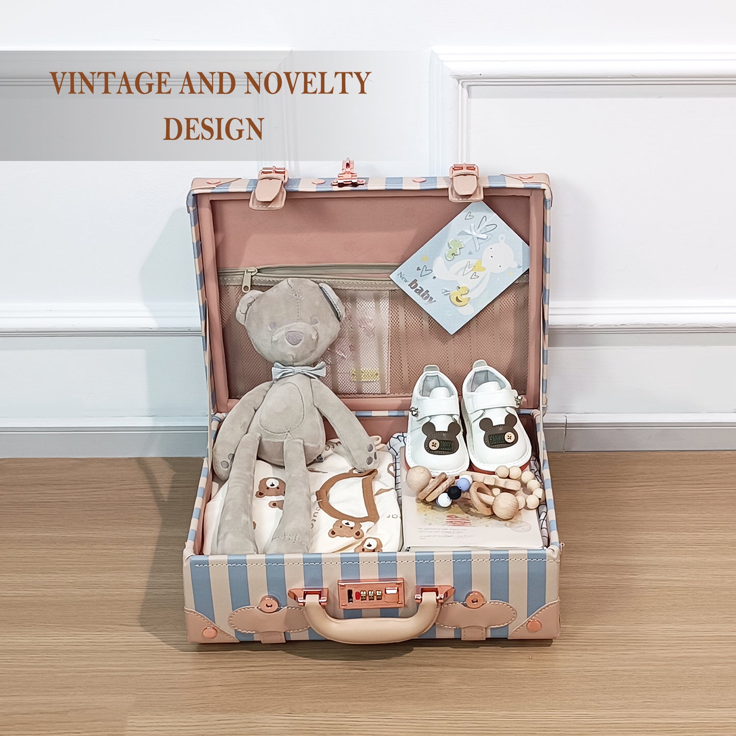 Baby Keepsake Case Handmade Memory Storage Box, Blue Strip, 16''