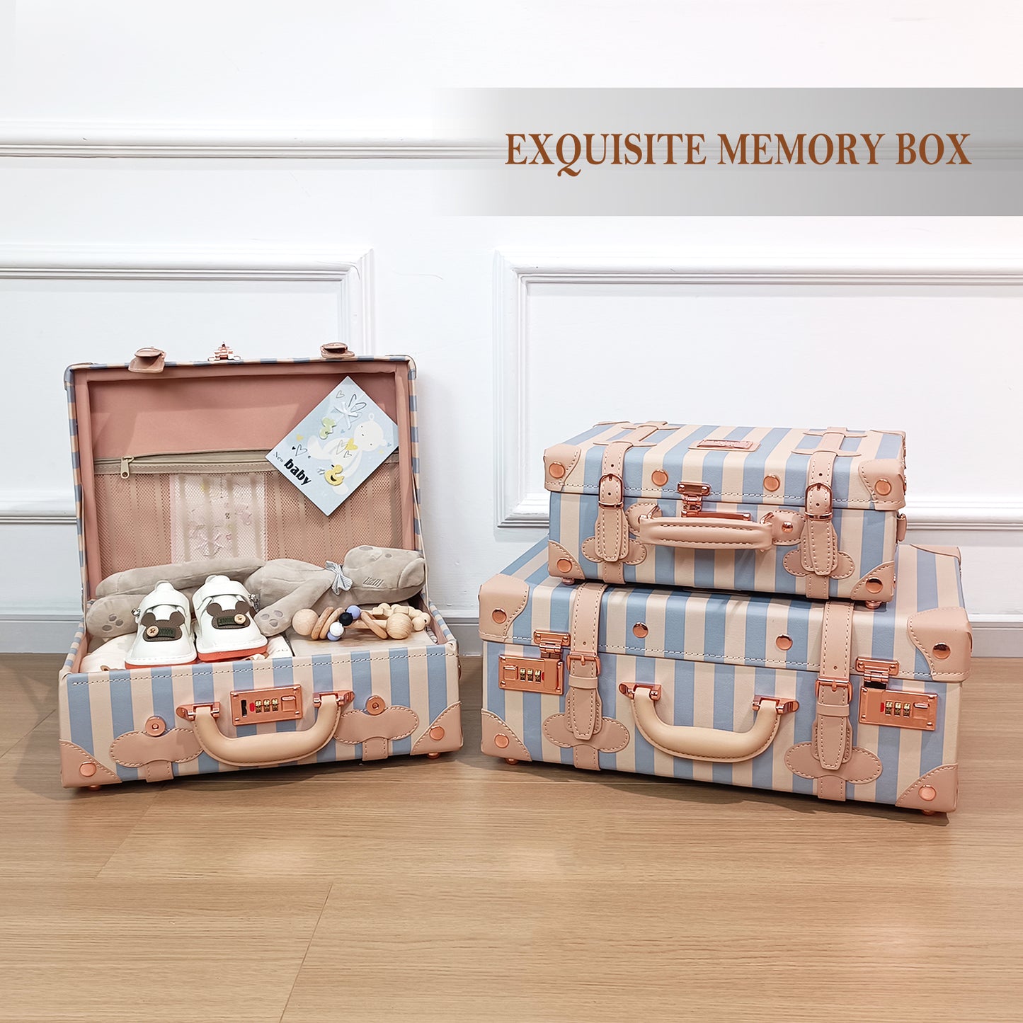 Baby Keepsake Case Handmade Memory Storage Box, Blue Strip, 16''