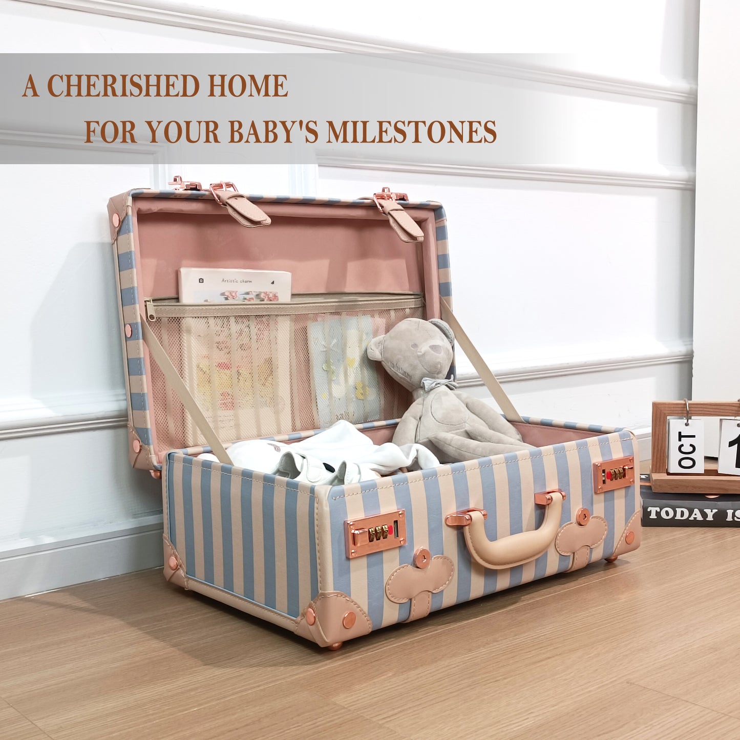 Baby Keepsake Case Handmade Memory Storage Box, Blue Strip, 18''