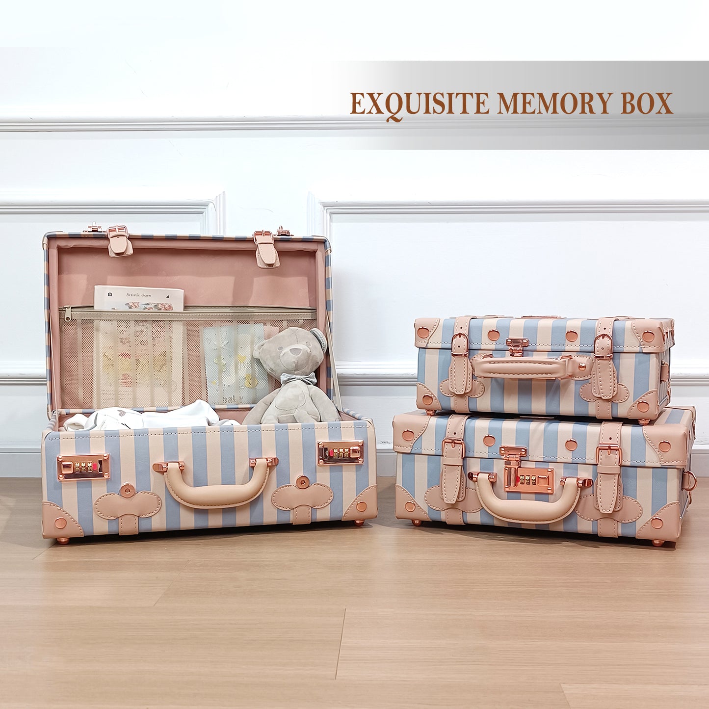 Baby Keepsake Case Handmade Memory Storage Box, Blue Strip, 18''