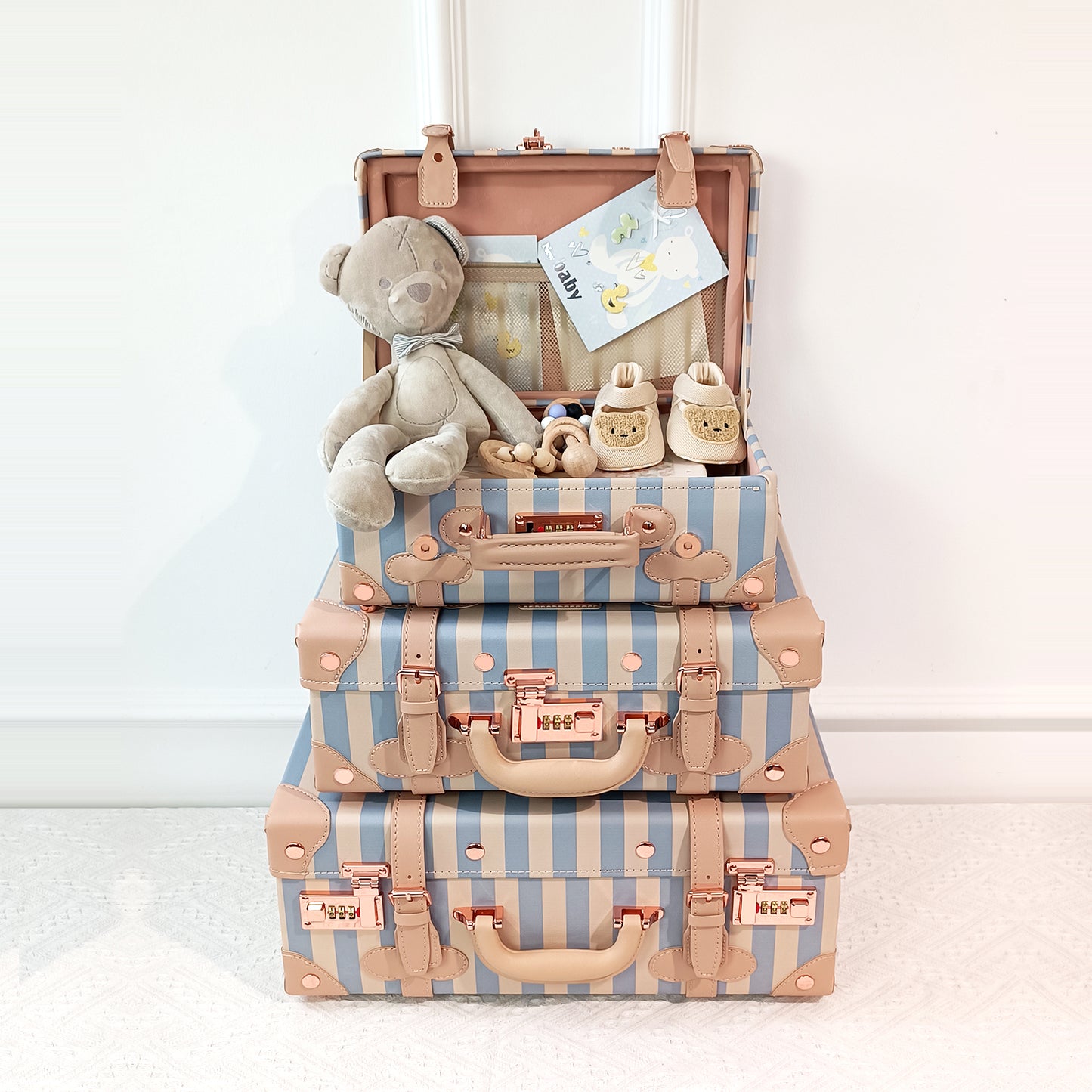 Baby Keepsake Case Handmade Memory Storage Box, Blue Strip, 18''