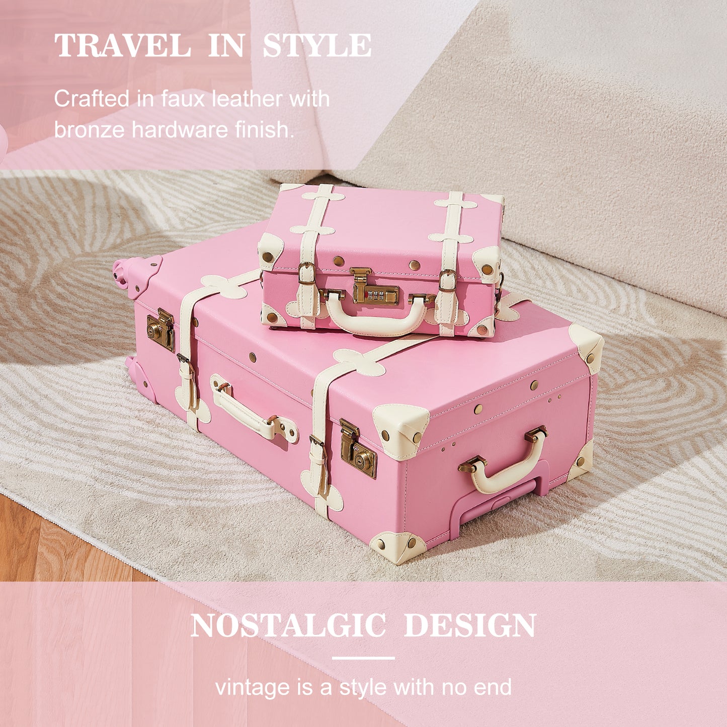 UNIWALKER Vintage Luggage Set, TSA Key Lock, Rose Pink