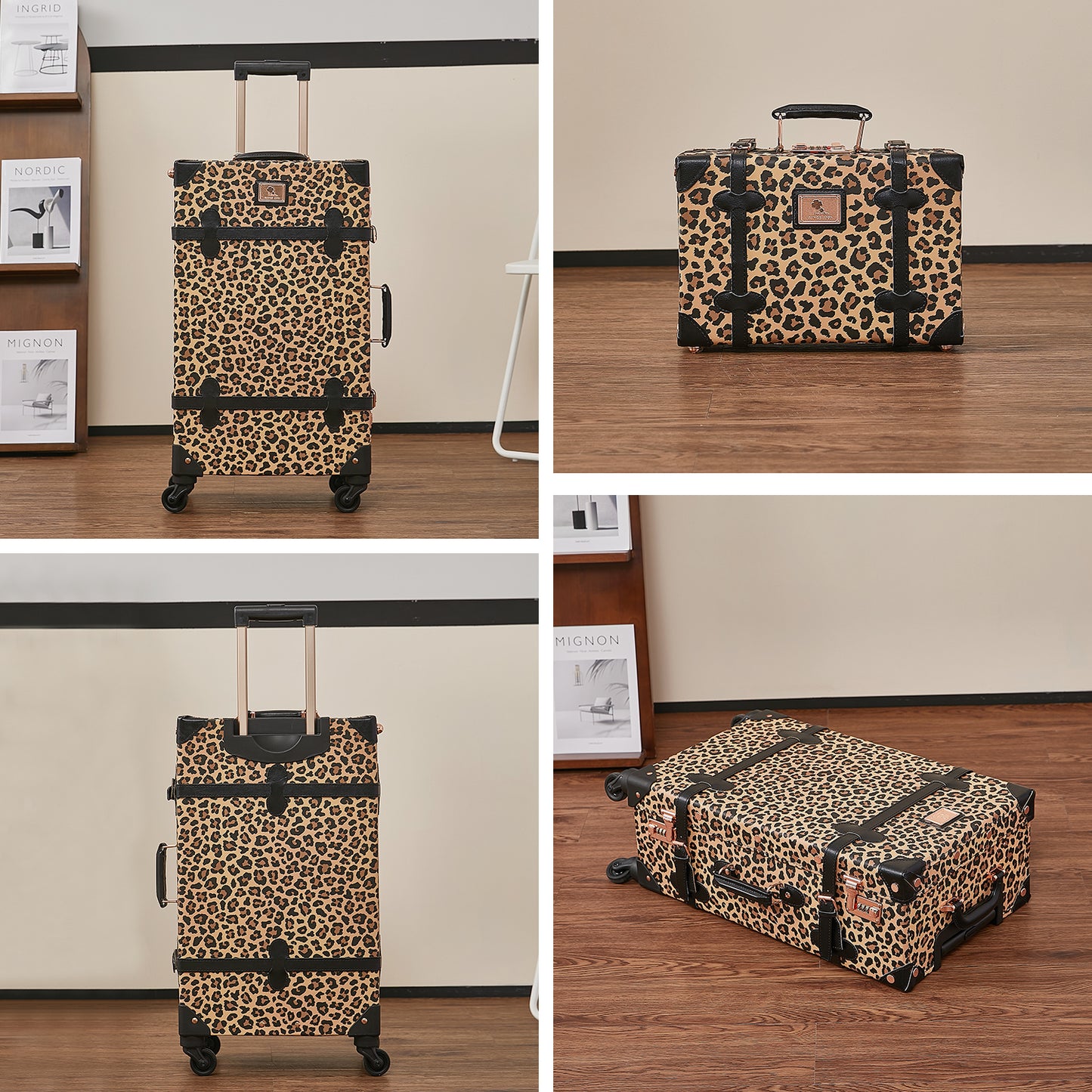 UNIWALKER Vintage Luggage Set, Combination Lock, Leopard