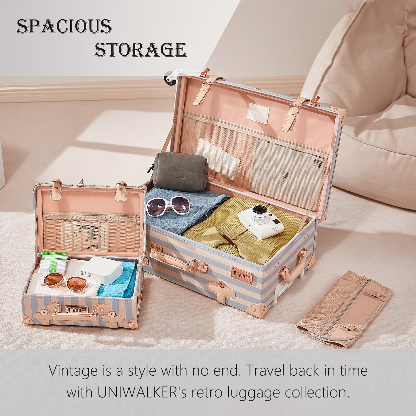 UNIWALKER Vintage Luggage Set, Combination Lock, Blue Strip