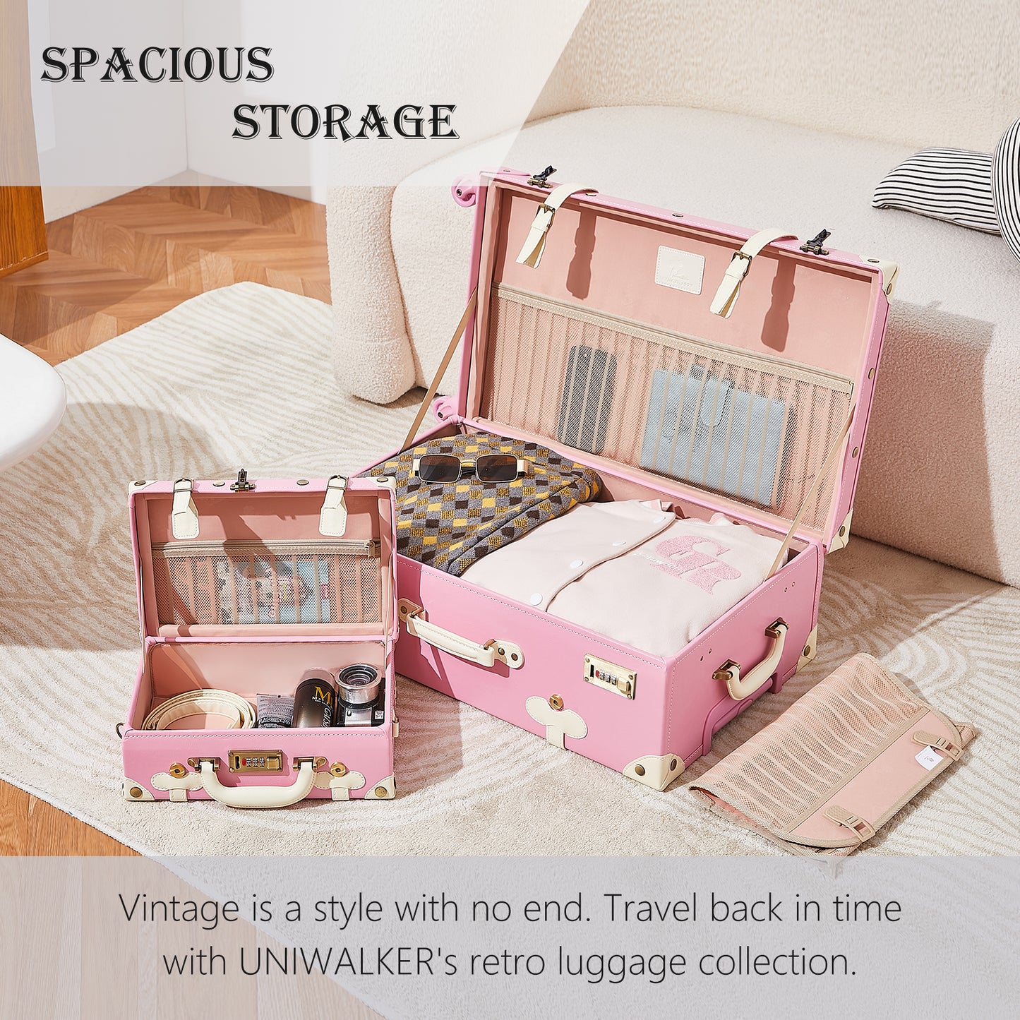 UNIWALKER Vintage Luggage Set, Combination Lock, Rose Pink