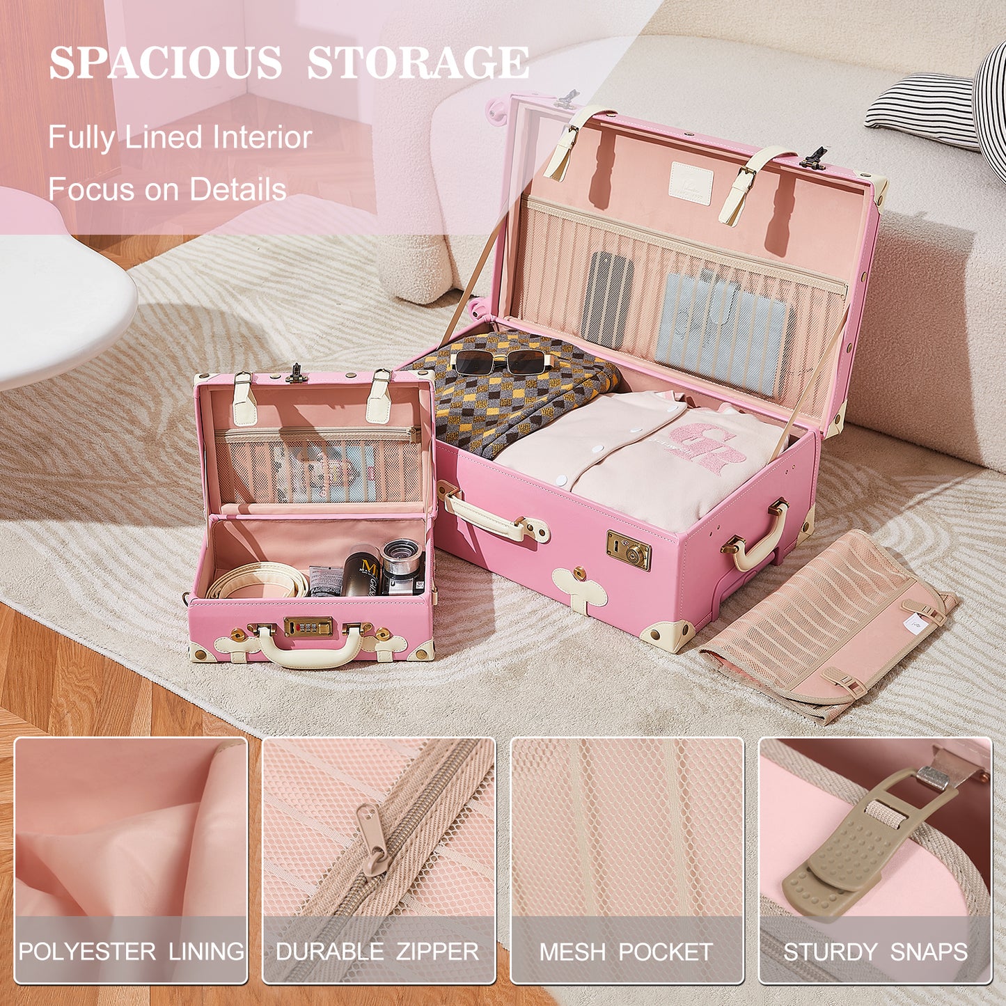 UNIWALKER Vintage Luggage Set, TSA Key Lock, Rose Pink