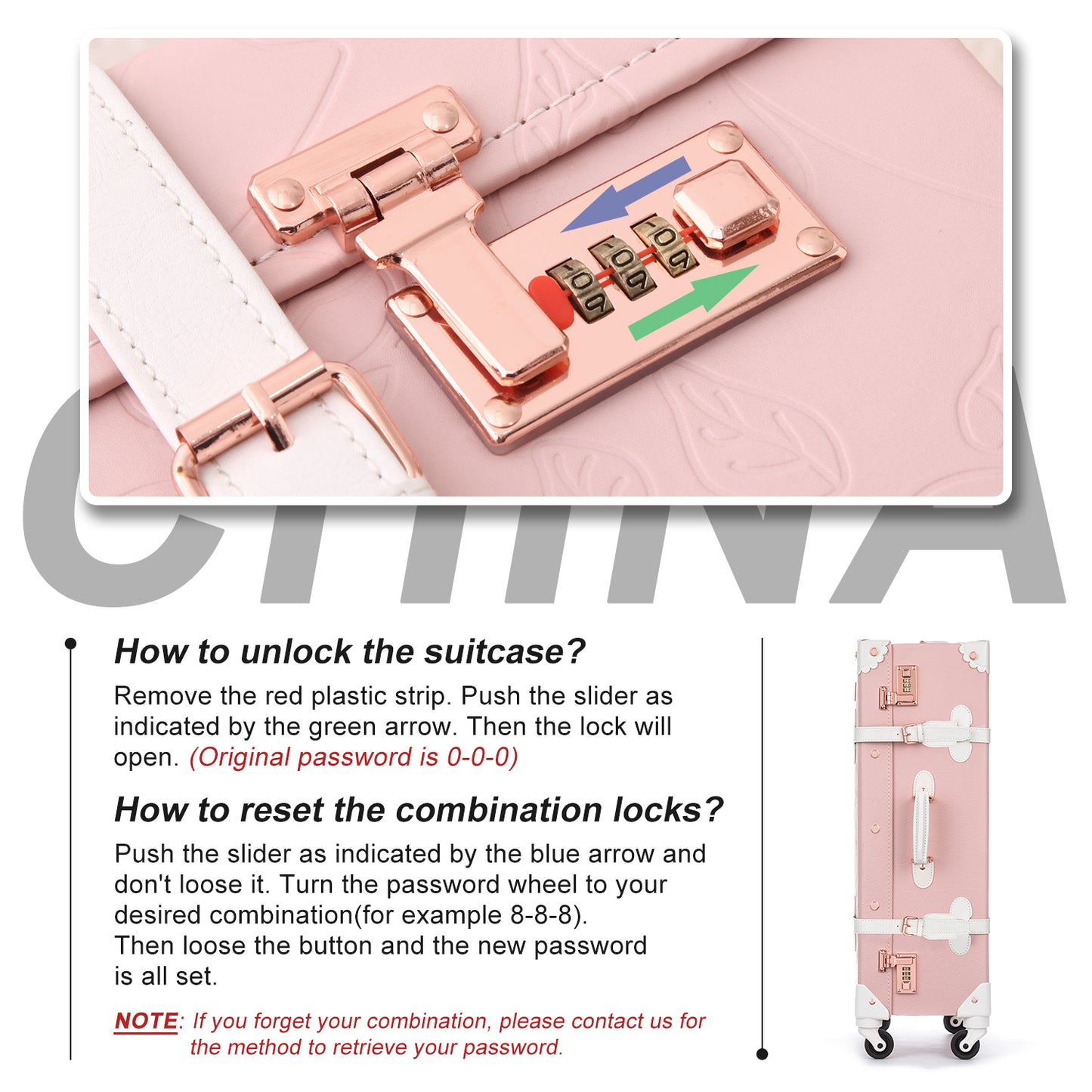 UNIWALKER Vintage Luggage Set, Combination Lock, Embossed Pink