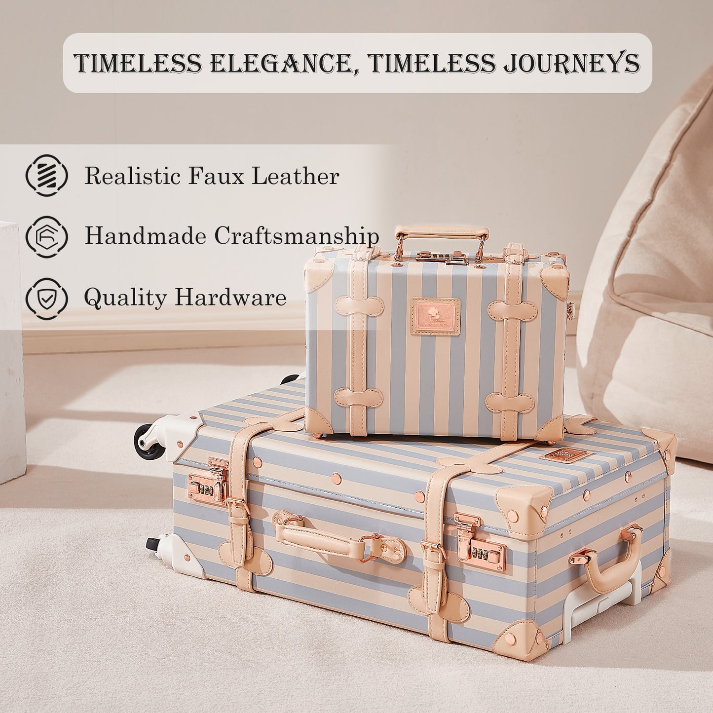 UNIWALKER Vintage Luggage Set, Combination Lock, Blue Strip