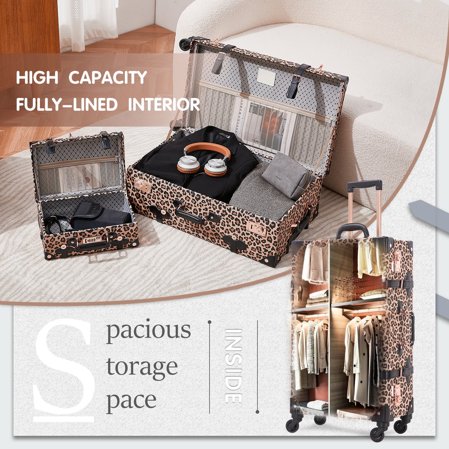 UNIWALKER Vintage Luggage Set, TSA Key Lock, Leopard