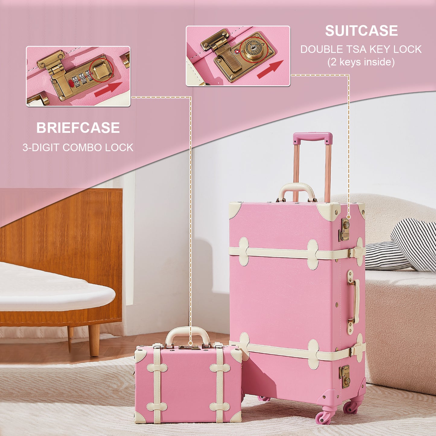 UNIWALKER Vintage Luggage Set, TSA Key Lock, Rose Pink