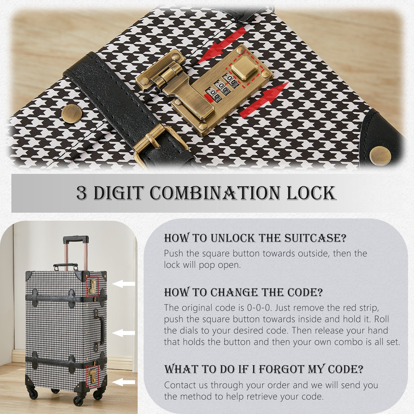 UNIWALKER Vintage Luggage Set, Combination Lock, Grid