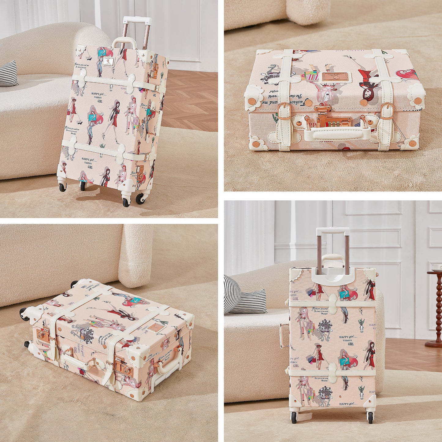 UNIWALKER Vintage Luggage Set, TSA Key Lock, Fashion Girl