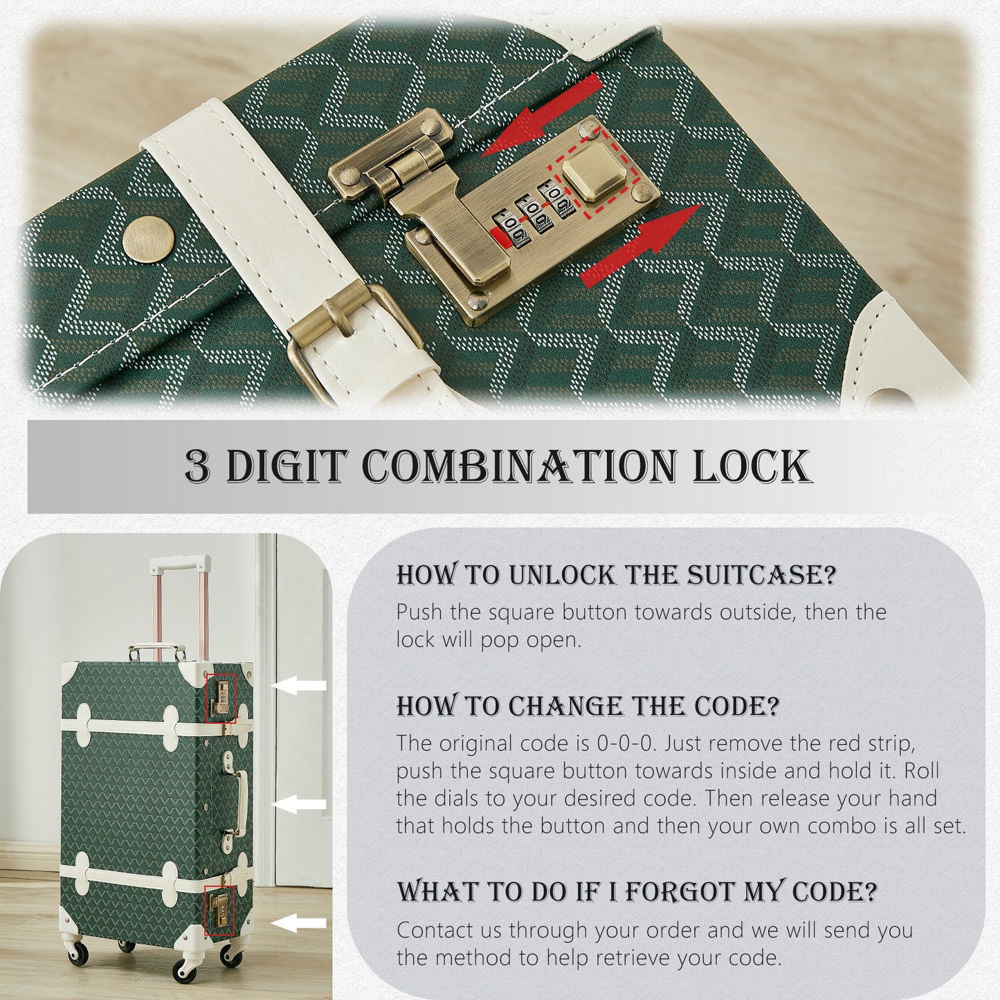 UNIWALKER Vintage Luggage Set, Combination Lock, Geometry Green