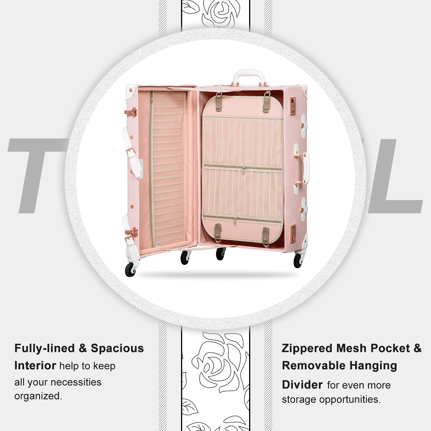 UNIWALKER Vintage Luggage Set, Combination Lock, Embossed Pink