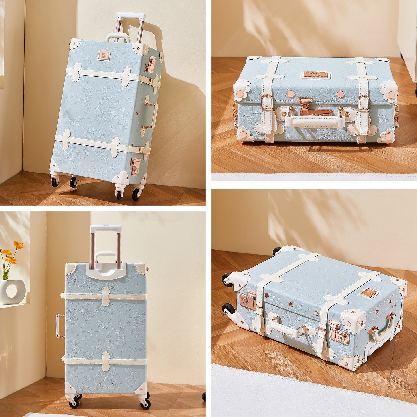 UNIWALKER Vintage Luggage Set, TSA Key Lock, Embossed Blue