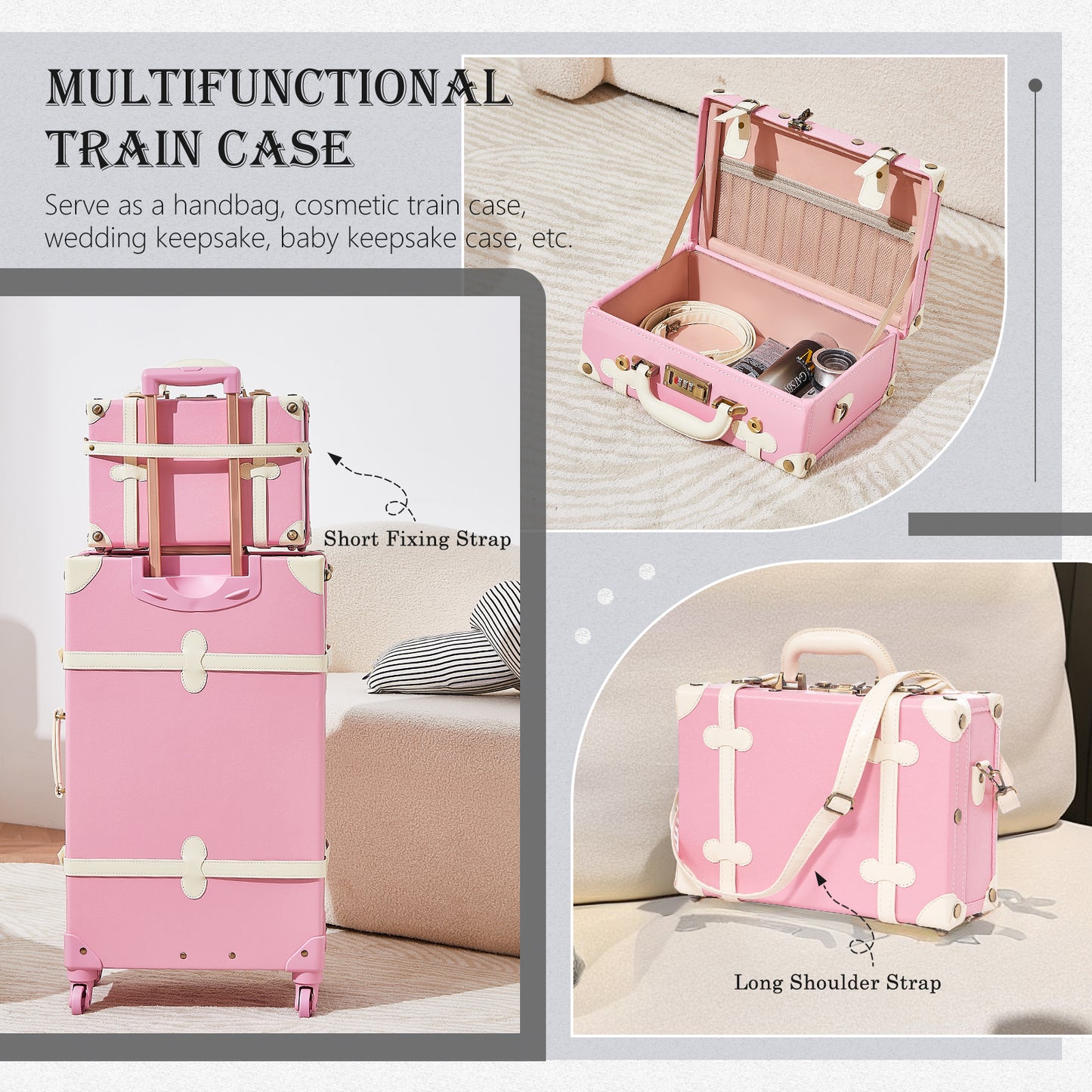 UNIWALKER Vintage Luggage Set, Combination Lock, Rose Pink