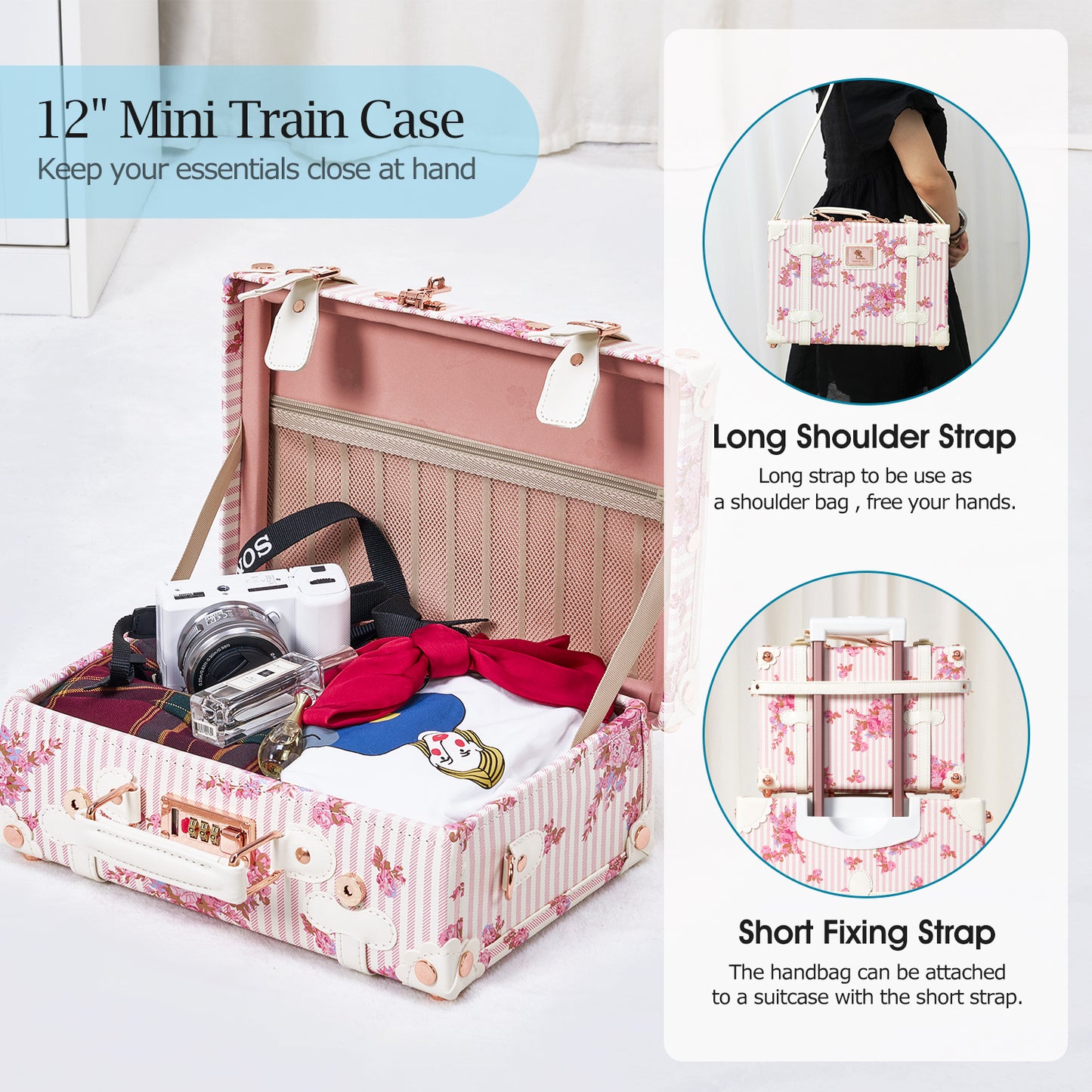 UNIWALKER Vintage Luggage Set, TSA Key Lock, Pink Floral