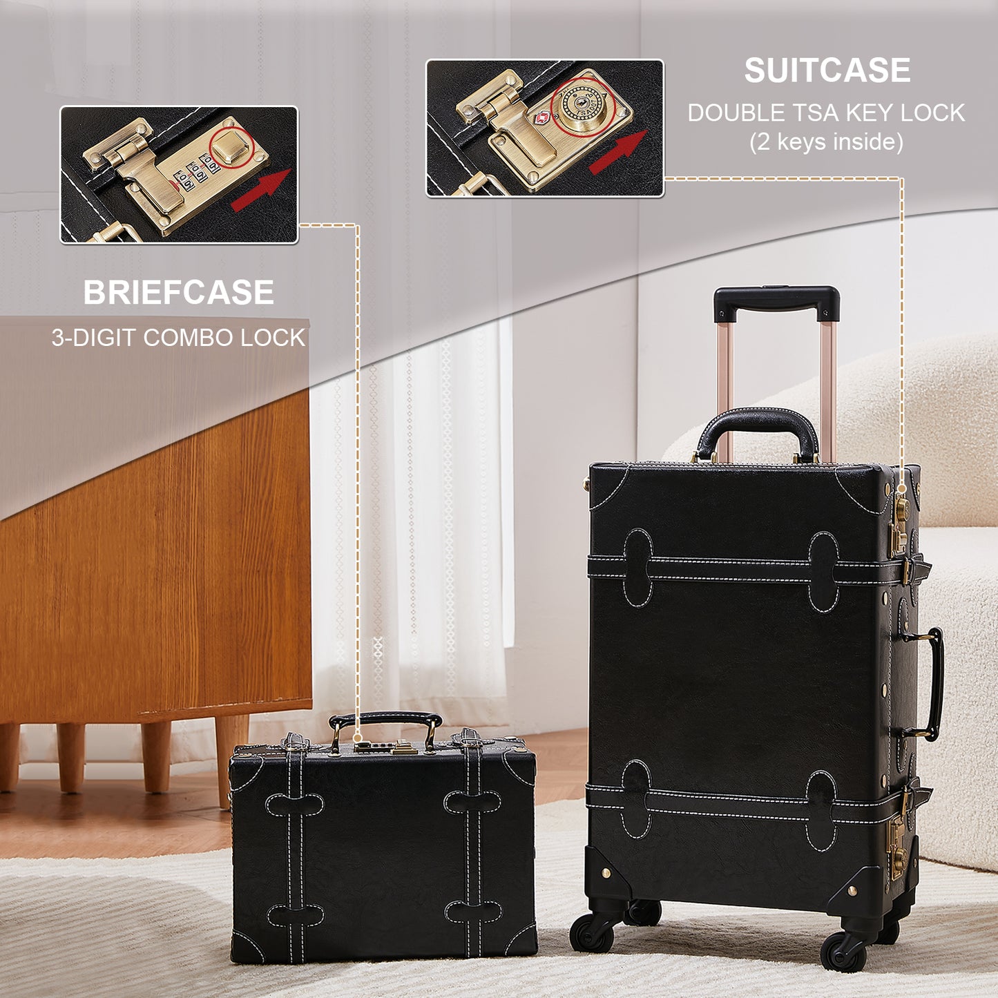 UNIWALKER Vintage Luggage Set, TSA Key Lock, Black