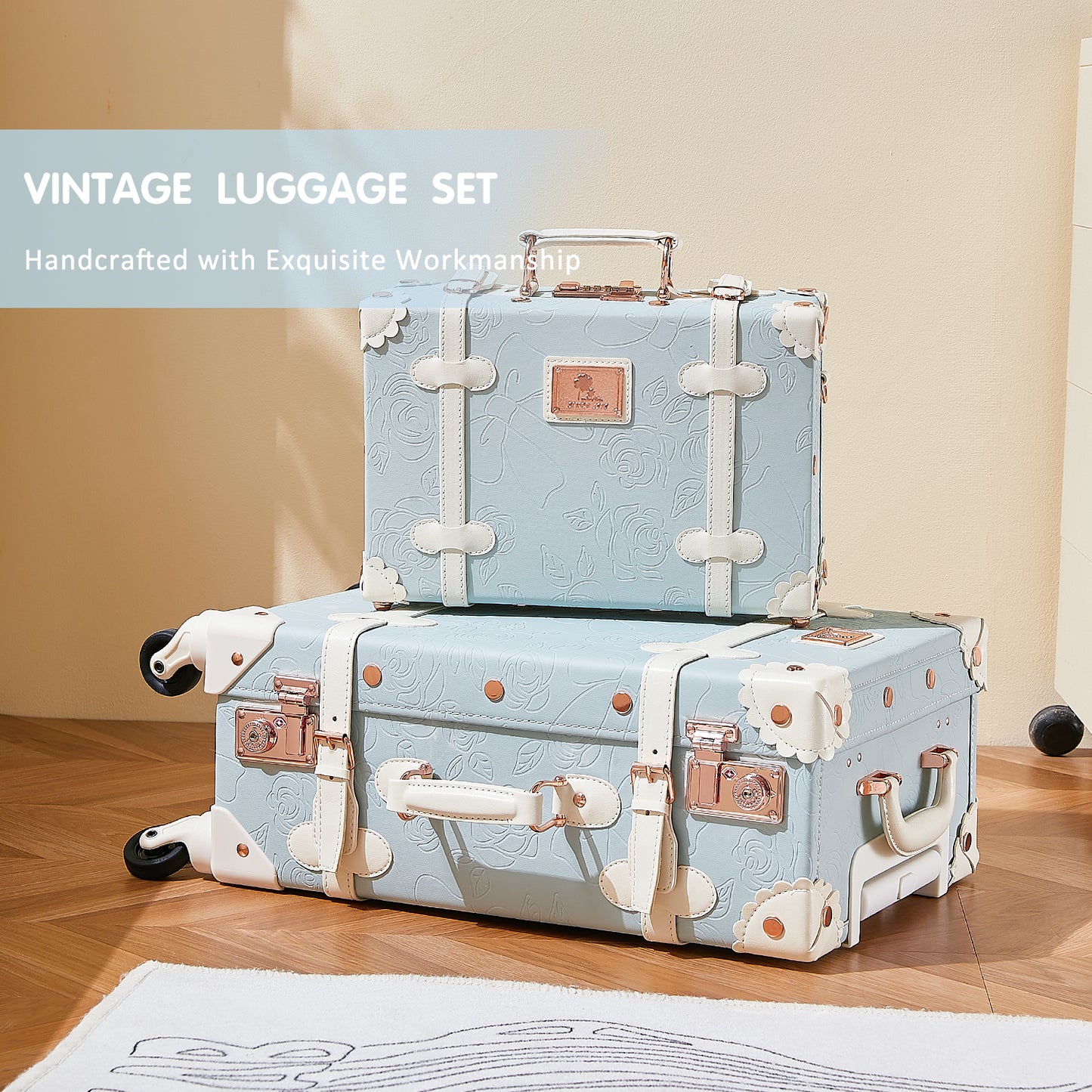 UNIWALKER Vintage Luggage Set, TSA Key Lock, Embossed Blue