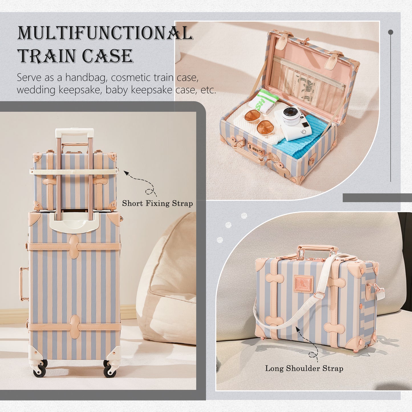 UNIWALKER Vintage Luggage Set, Combination Lock, Blue Strip