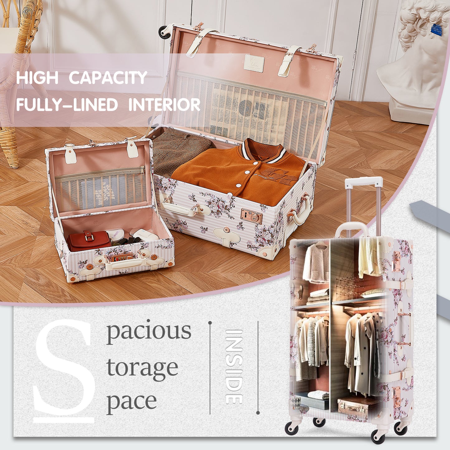 UNIWALKER Vintage Luggage Set, Beige Floral