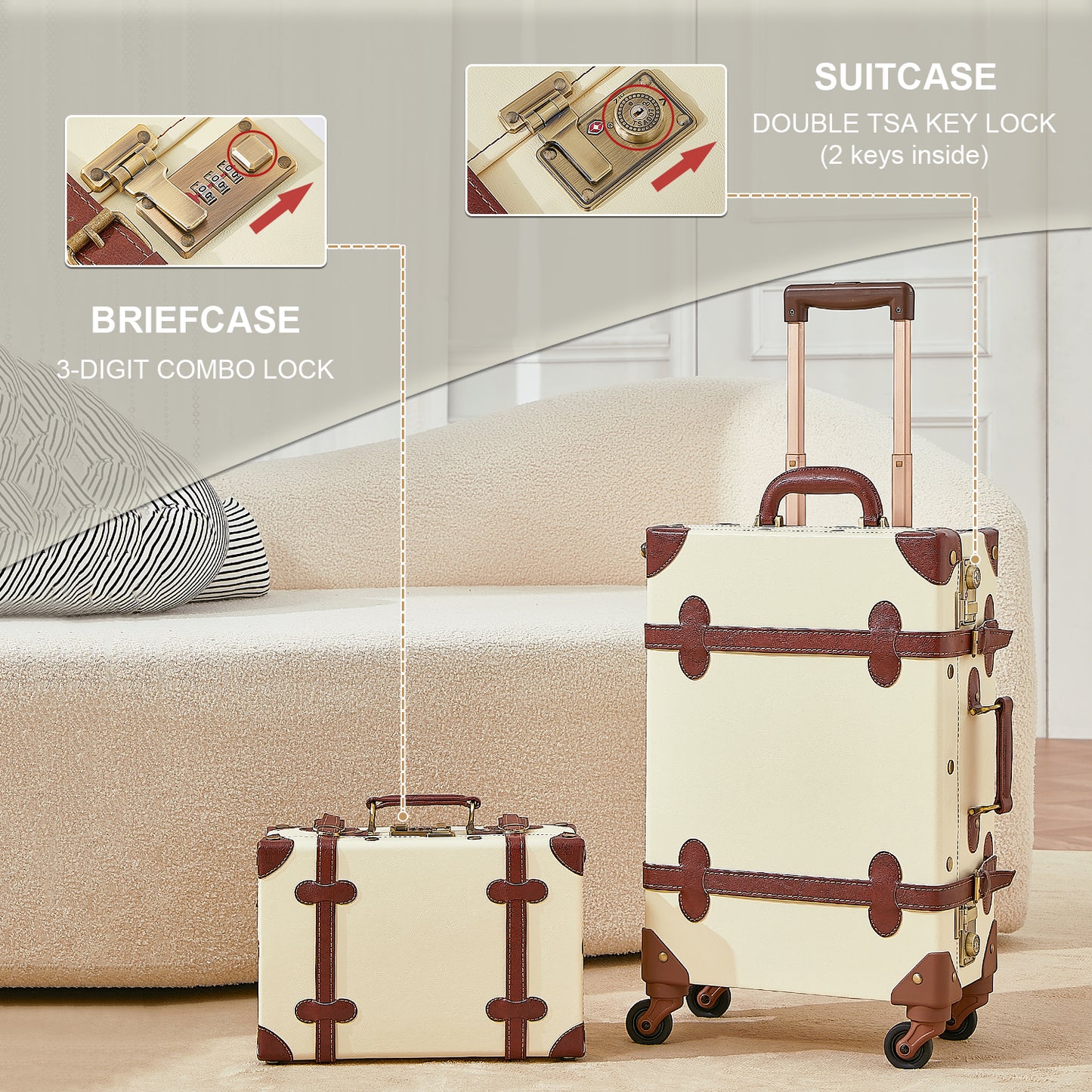 UNIWALKER Vintage Luggage Set, TSA Key Lock, Beige