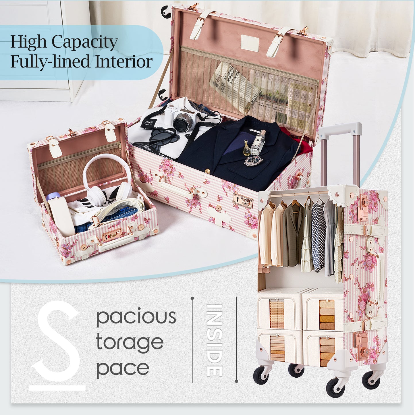 UNIWALKER Vintage Luggage Set, TSA Key Lock, Pink Floral