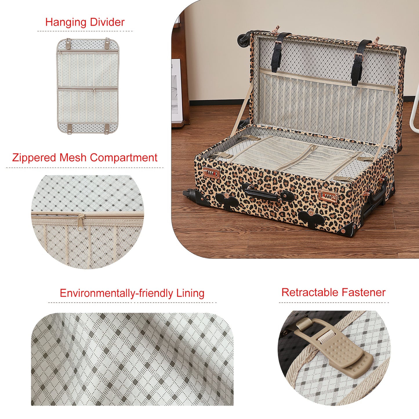UNIWALKER Vintage Luggage Set, Combination Lock, Leopard