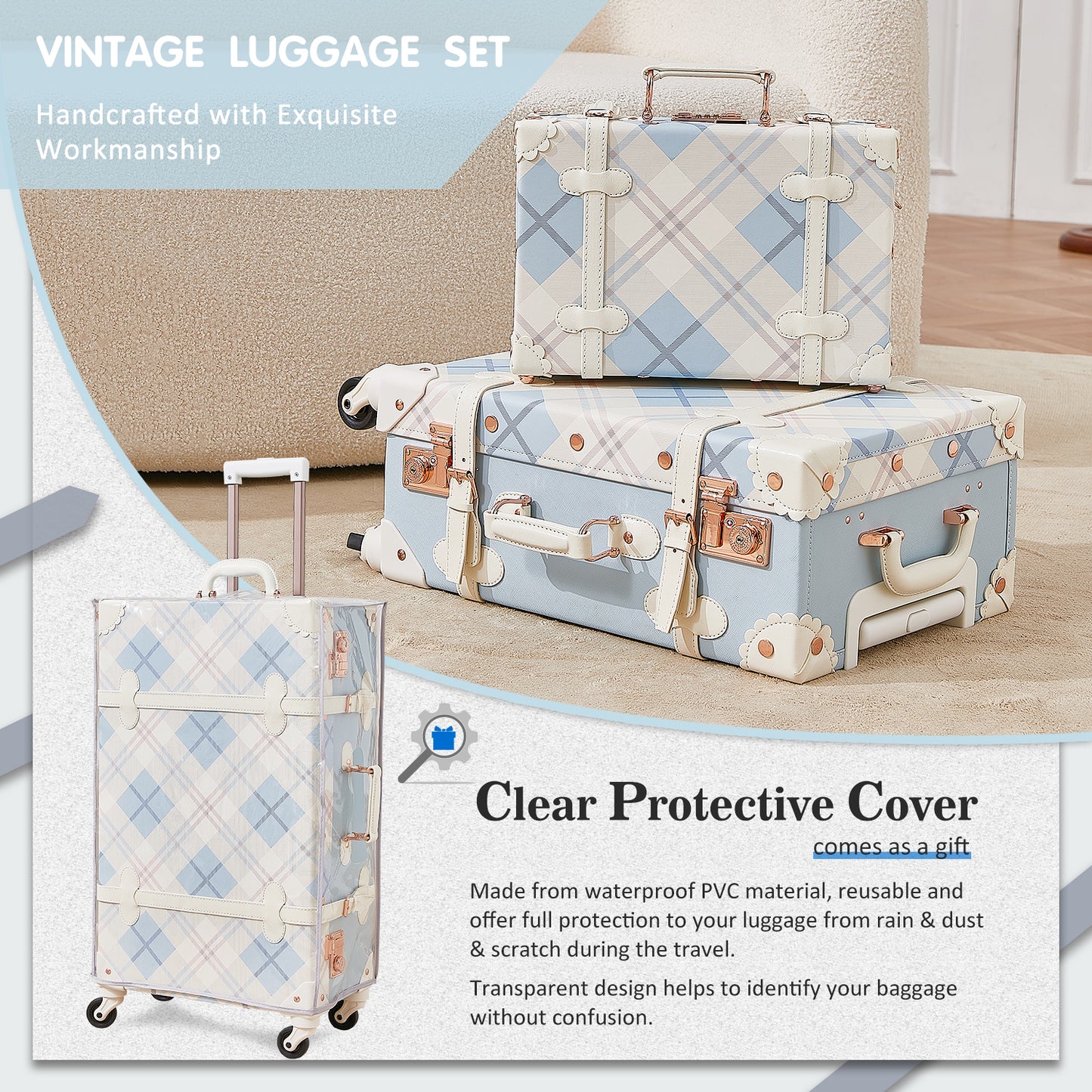 UNIWALKER Vintage Luggage Set, TSA Key Lock, Blue Plaid