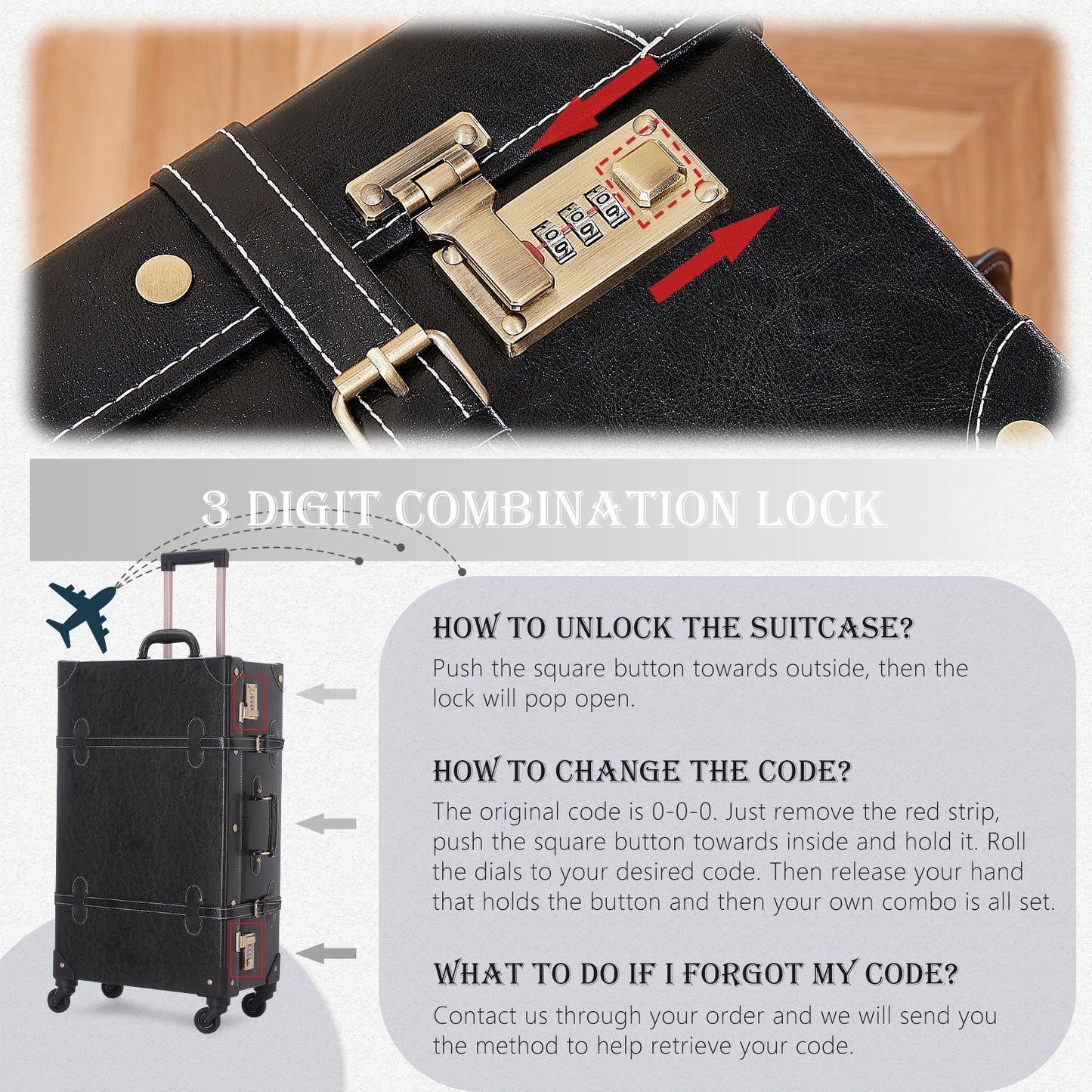 UNIWALKER Vintage Luggage Set, Combination Lock, Black