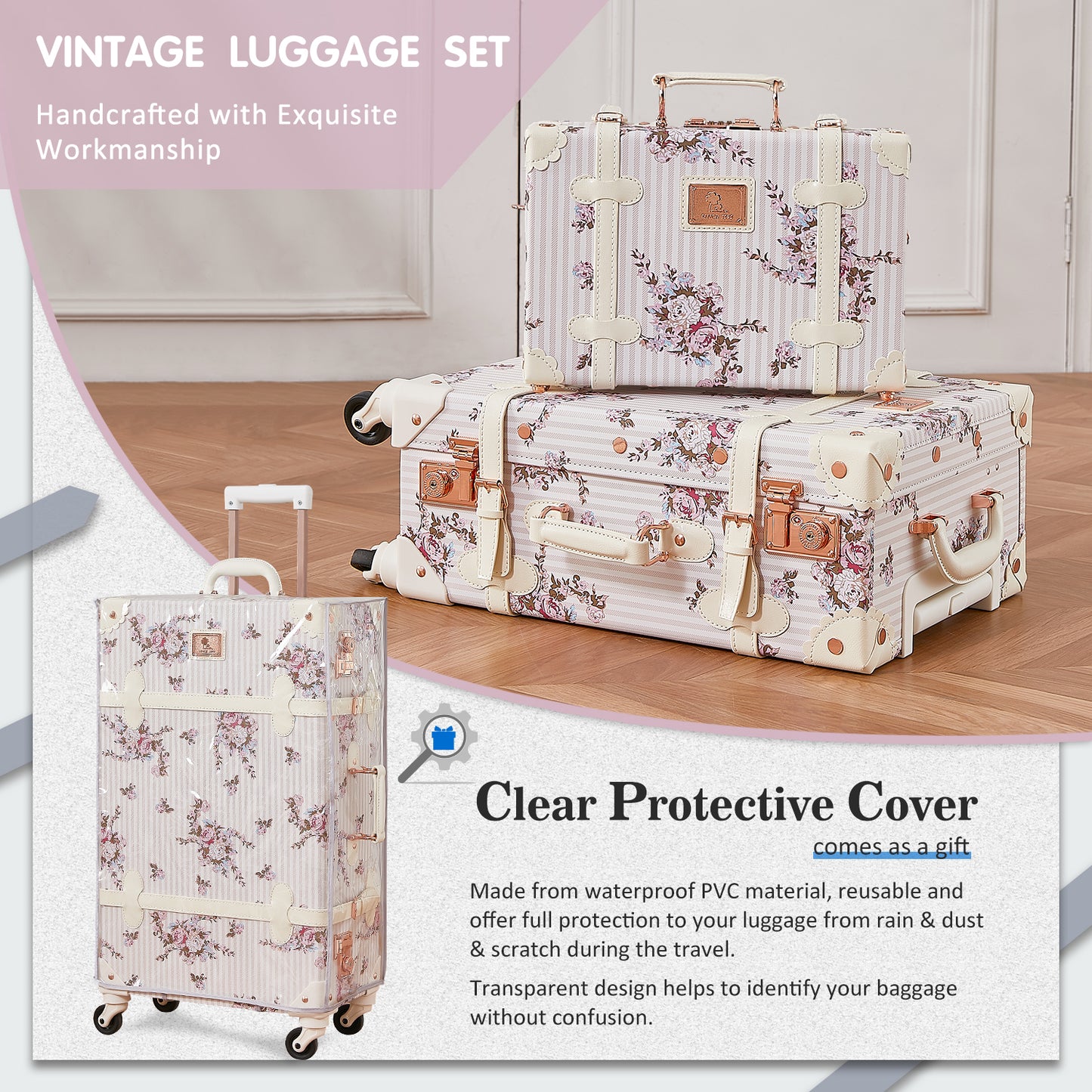UNIWALKER Vintage Luggage Set, Beige Floral
