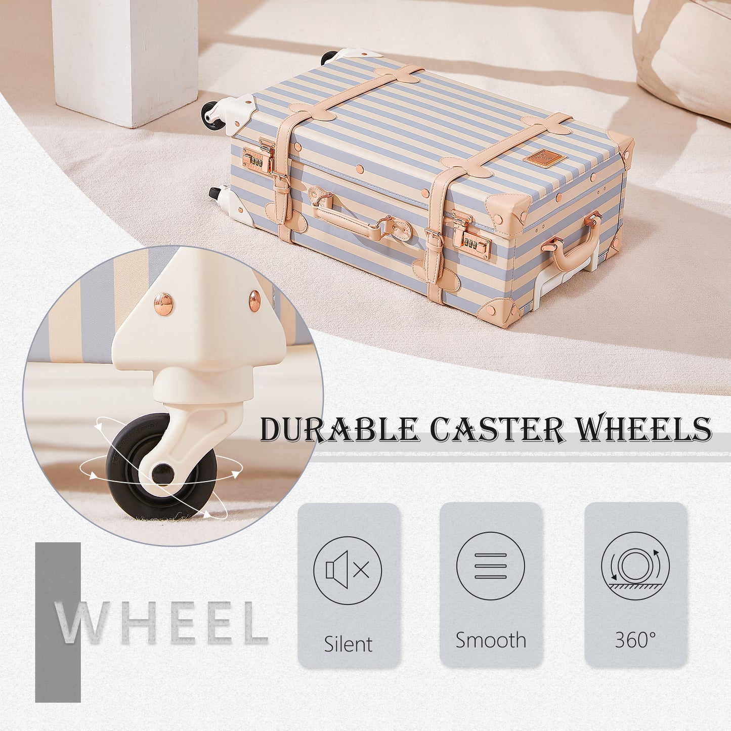 UNIWALKER Vintage Luggage Set, Combination Lock, Blue Strip