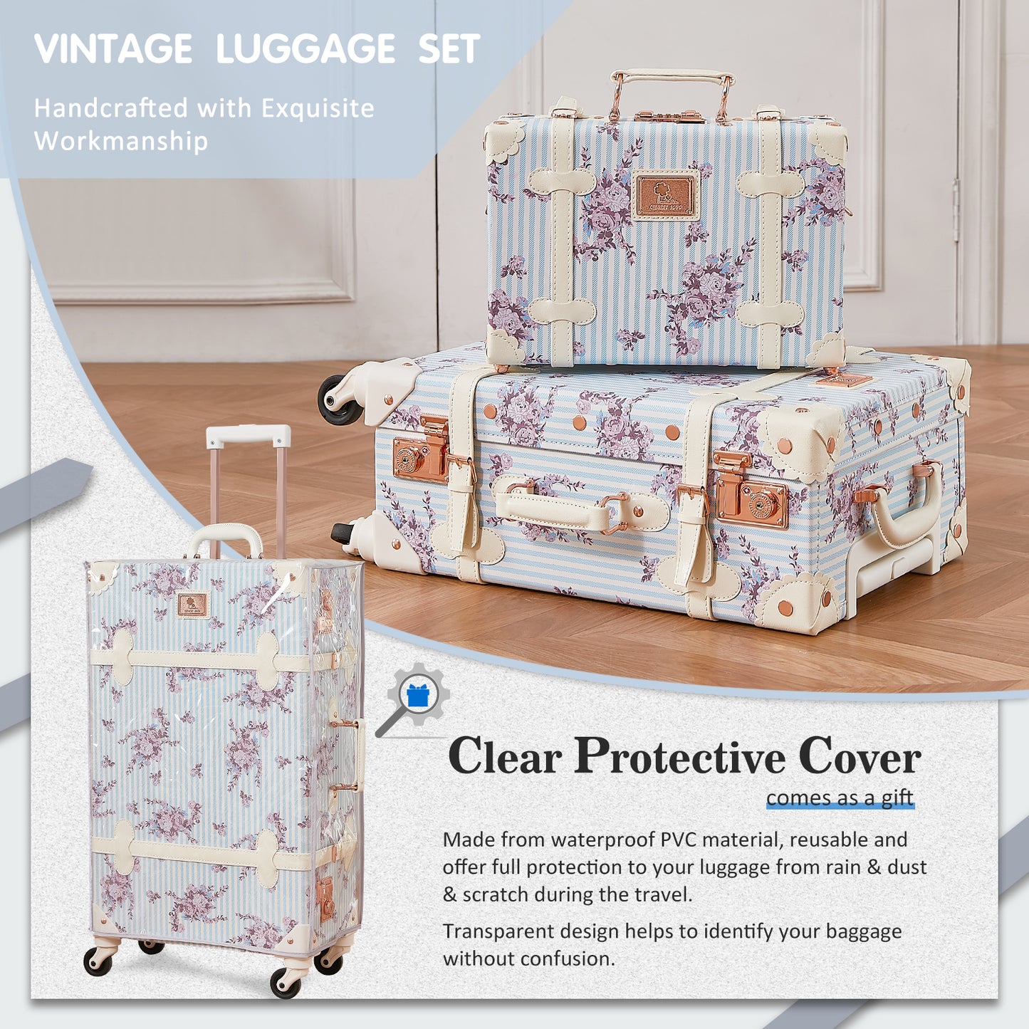 UNIWALKER Vintage Luggage Set, TSA Key Lock, Blue Floral