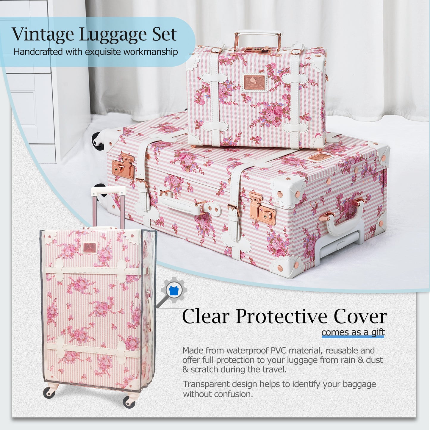 UNIWALKER Vintage Luggage Set, TSA Key Lock, Pink Floral