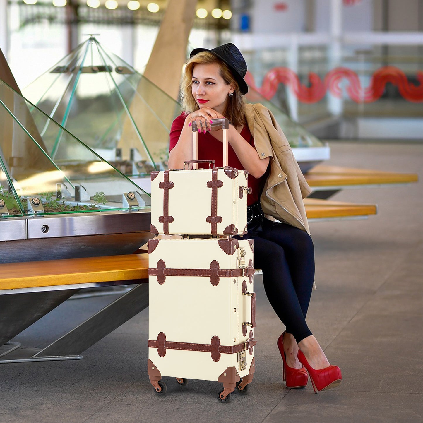 UNIWALKER Vintage Luggage Set, TSA Key Lock, Beige