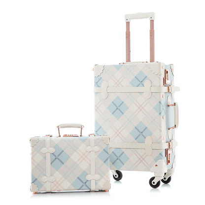 UNIWALKER Vintage Luggage Set, Combination Lock, Blue Plaid