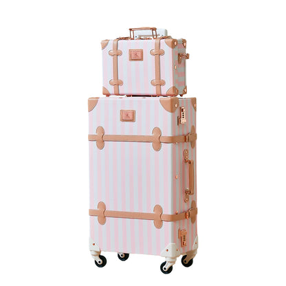 UNIWALKER 2PCS Vintage Suitcase Set for Women, Pink Strip