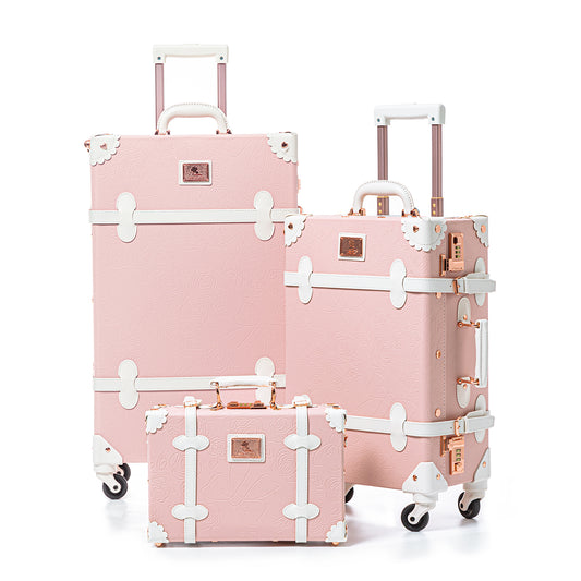 UNIWALKER Vintage Luggage Set, Combination Lock, Embossed Pink