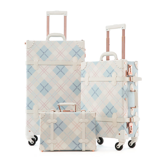 UNIWALKER Vintage Luggage Set, Combination Lock, Blue Plaid