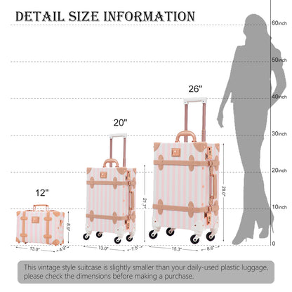 UNIWALKER 3PCS Vintage Suitcase Set for Women, Pink Strip